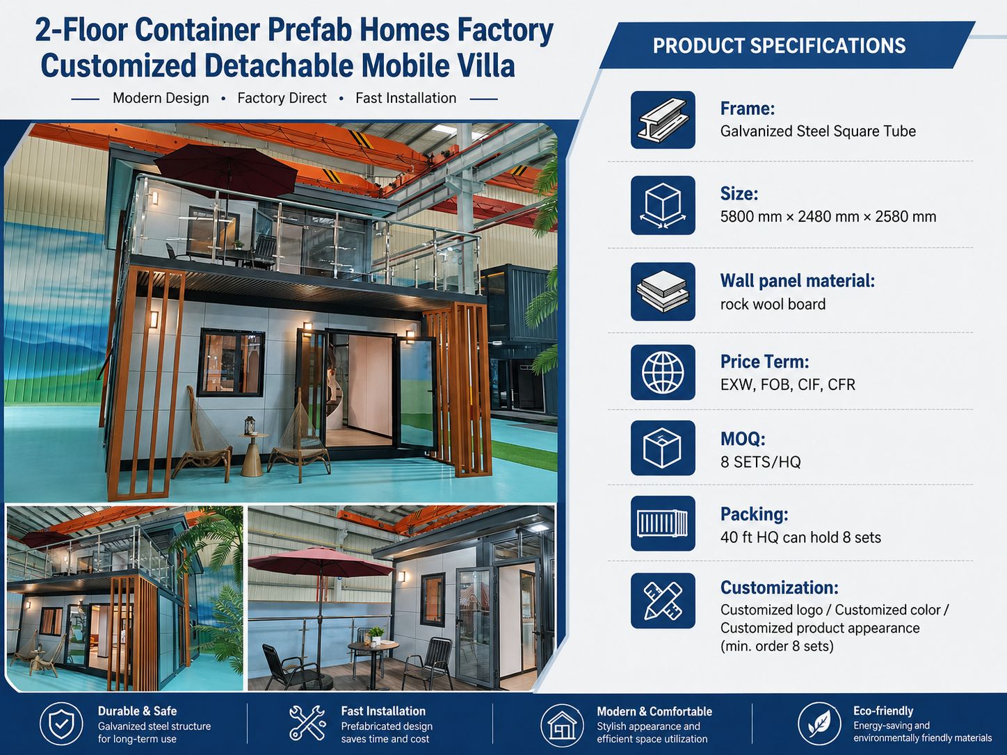2-floor container prefab homes factory production and export support