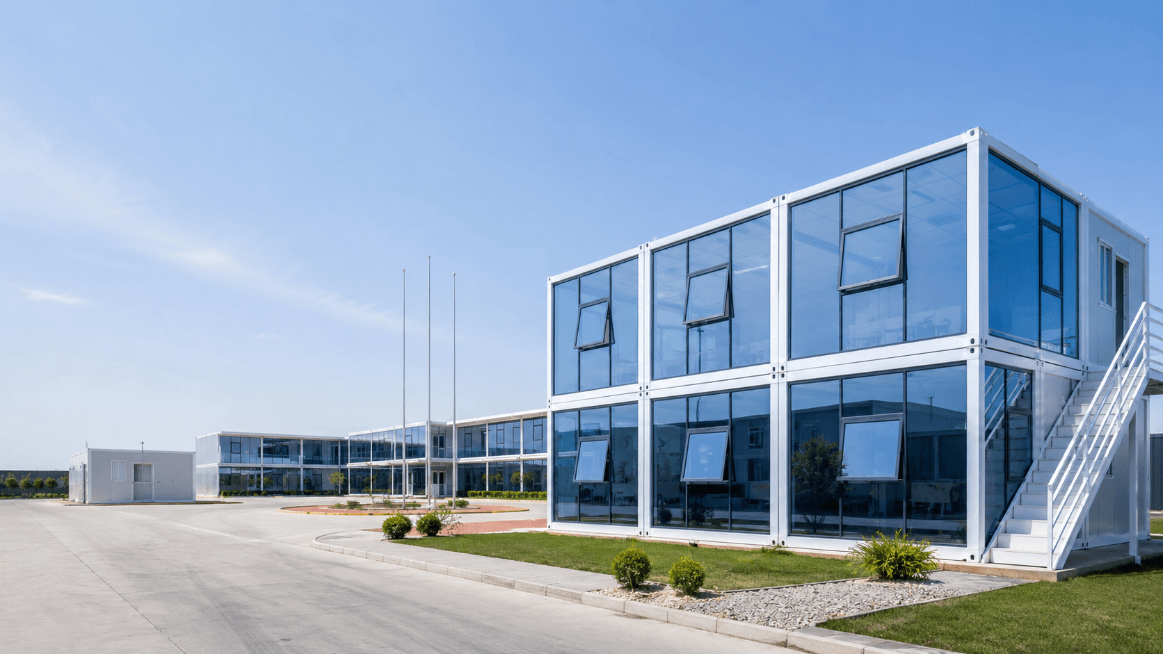two-storey flat pack container office with glass facade
