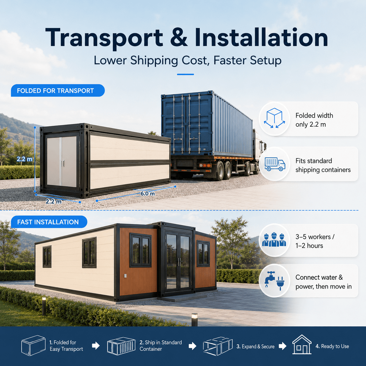 expandable container house transport and installation