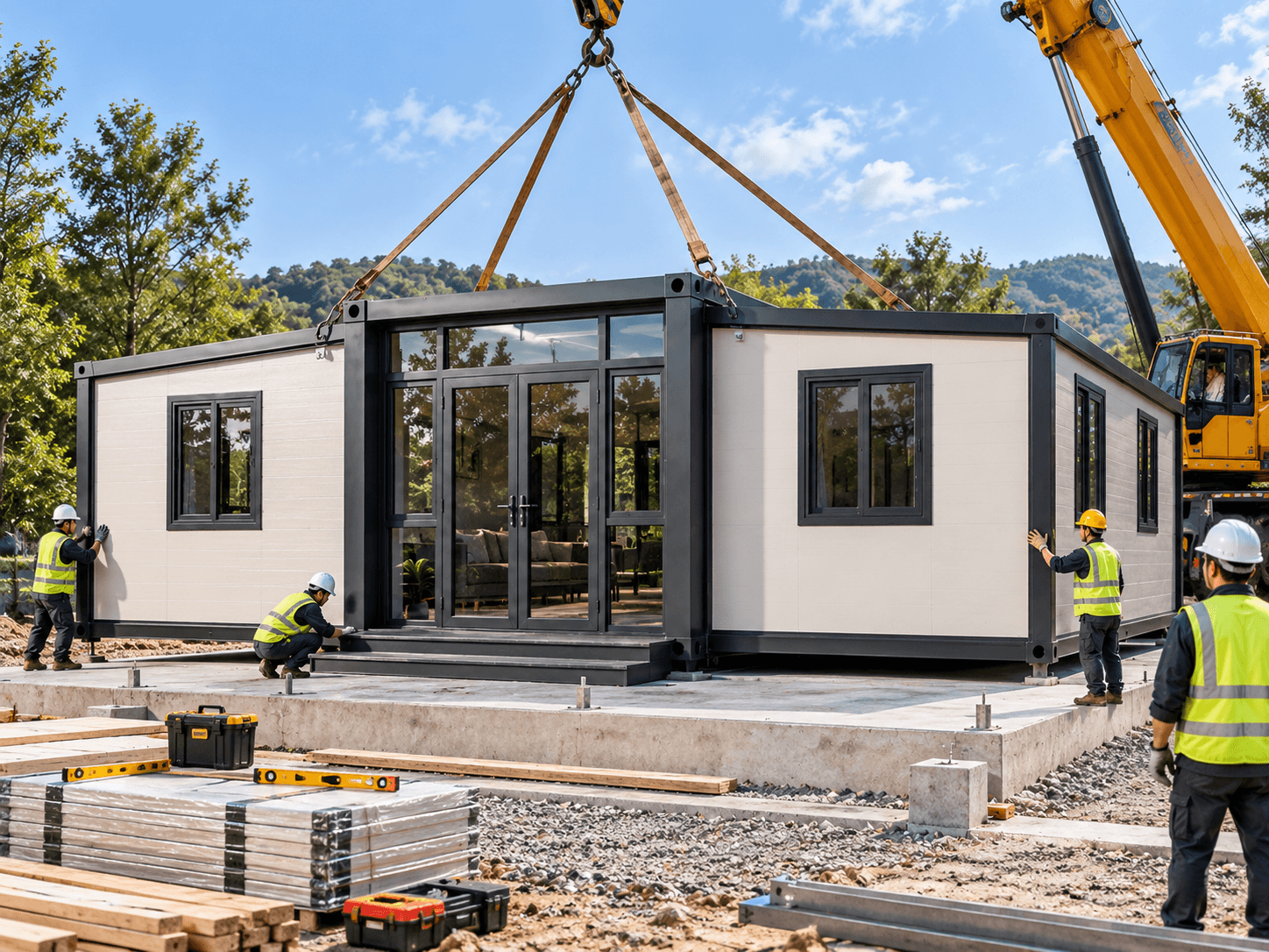 Container house installation at a project site with positioning and assembly work