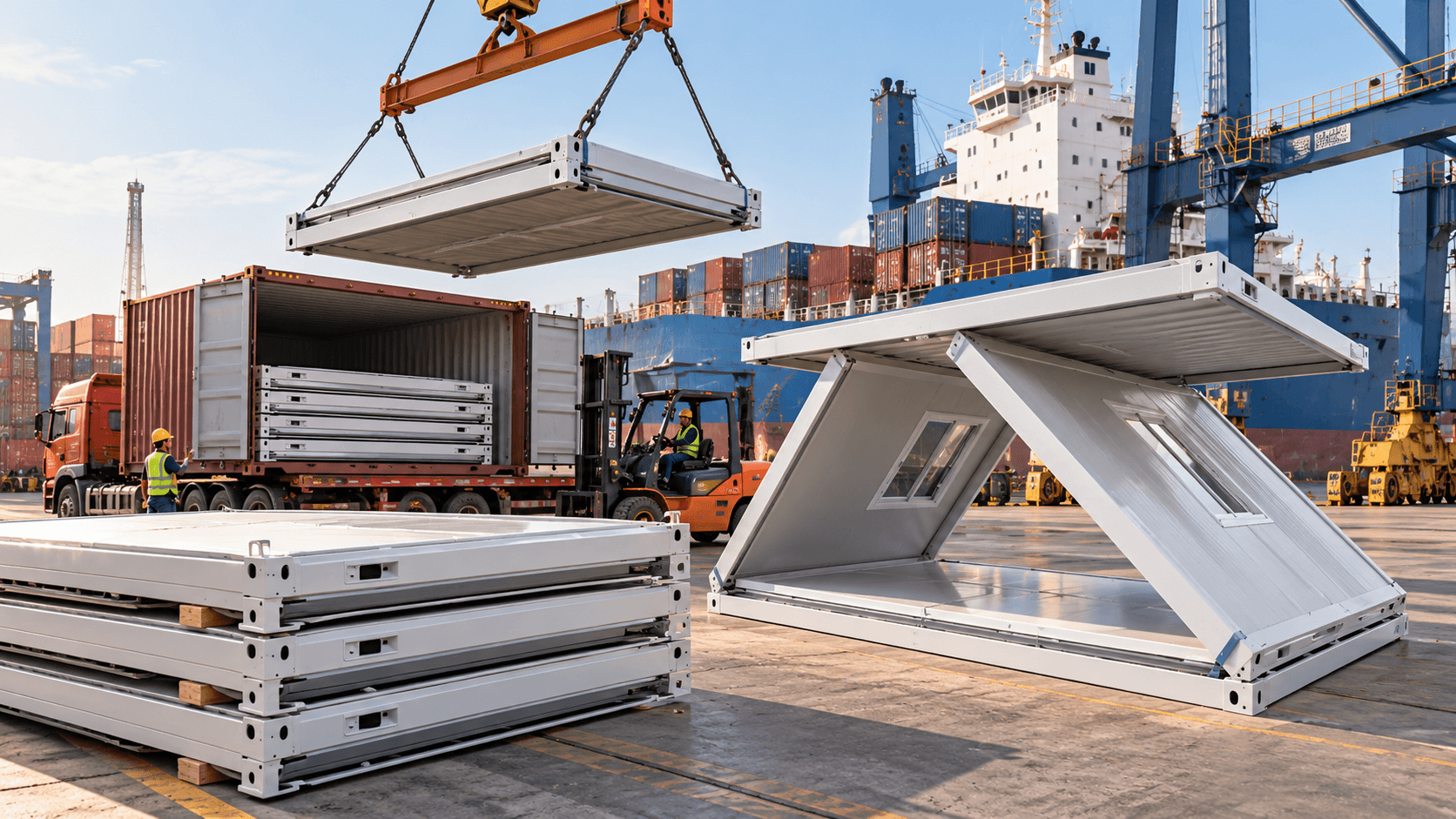 Container house packages prepared for international shipping and container loading