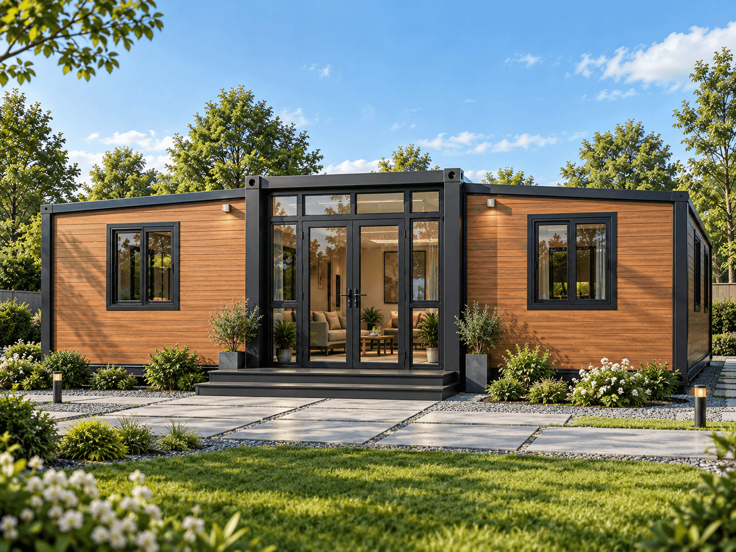 Expandable container house with deployable side sections creating a wider interior