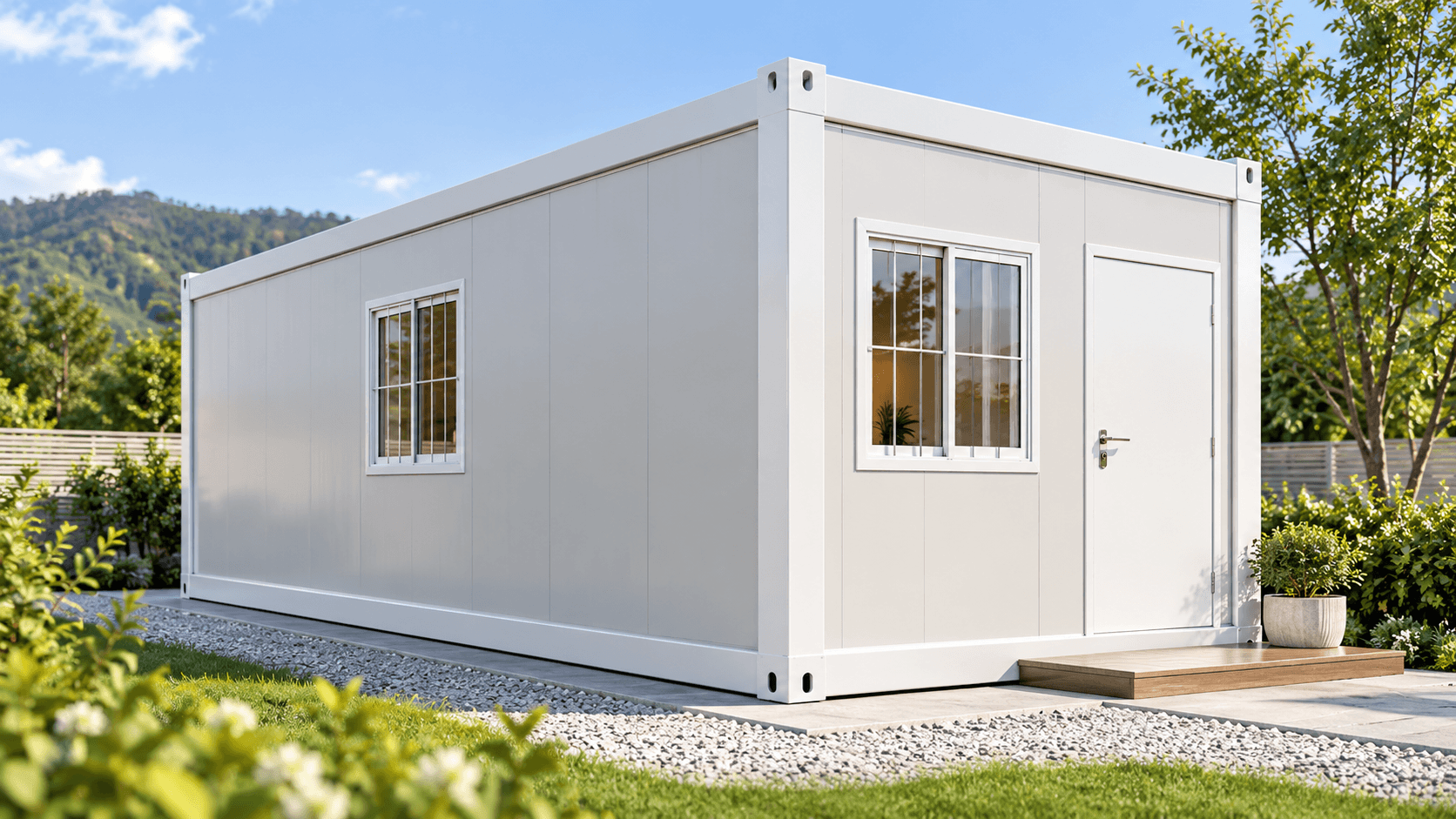 Flat pack container house modular components prepared for on-site assembly